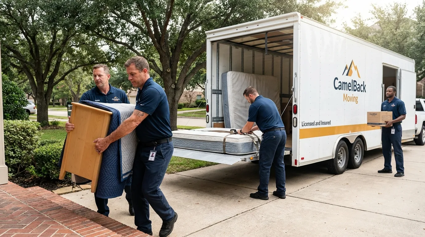 Crew loading residential truck for cross-state move from Luling, LA