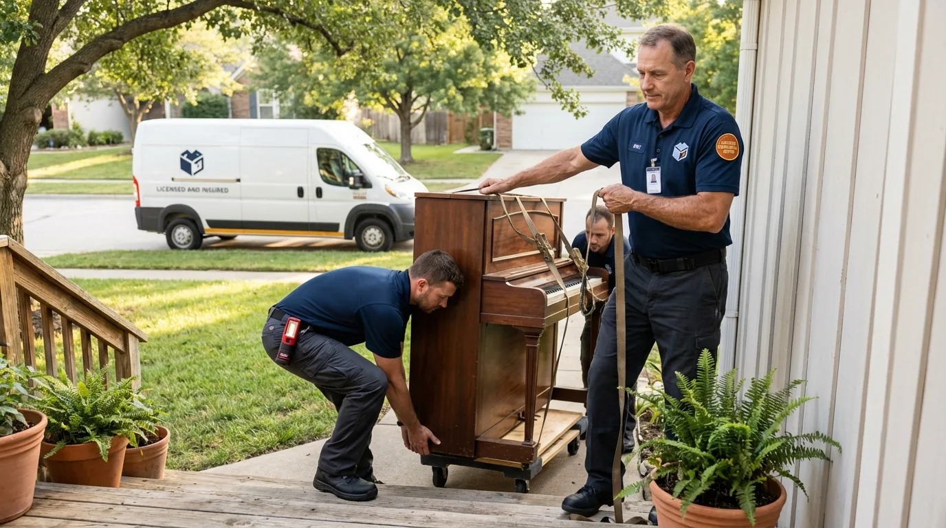 Licensed piano movers securing grand piano in Luling, LA