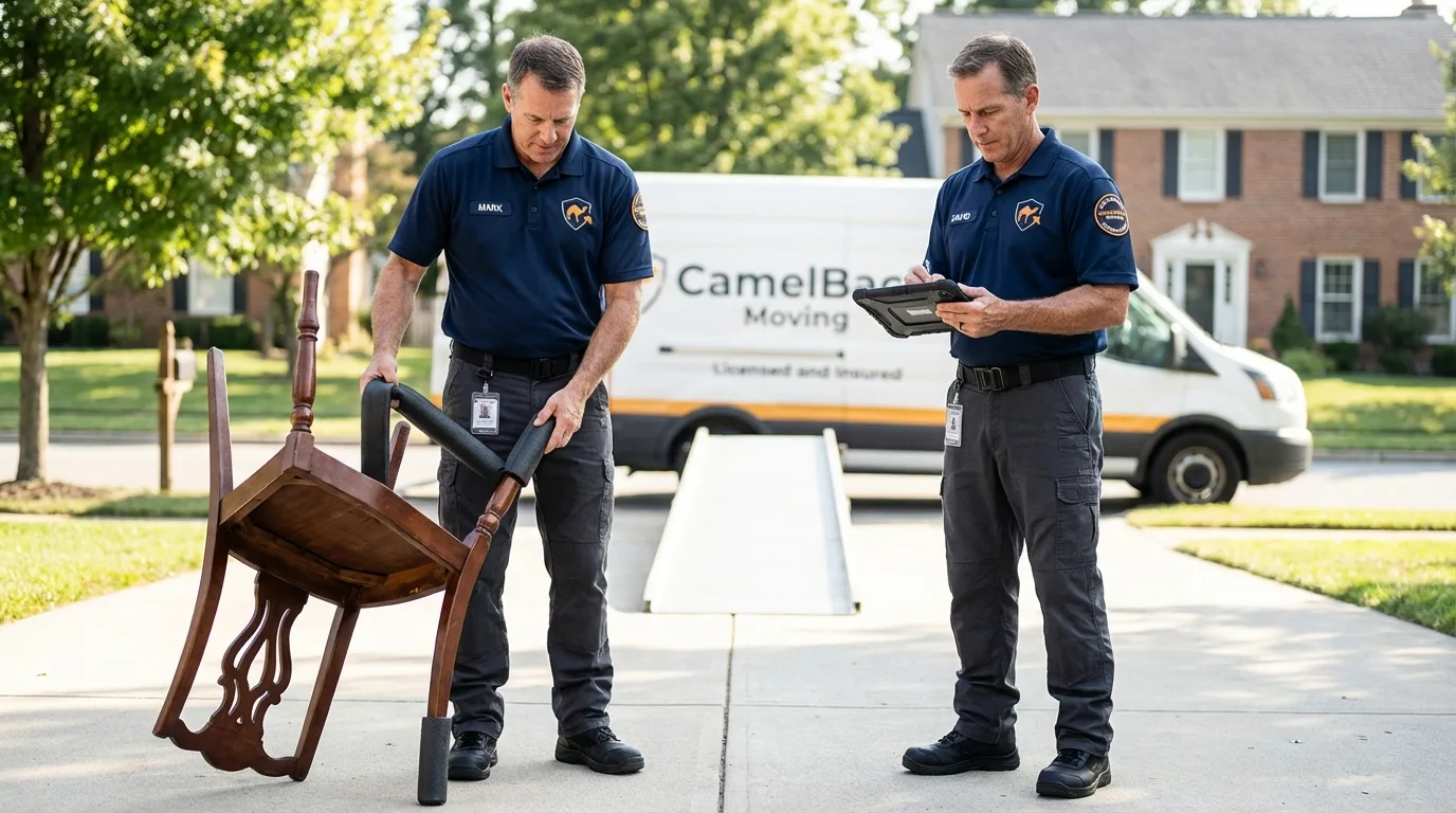 Movers inspecting furniture for damage prevention before loading in Luling, LA