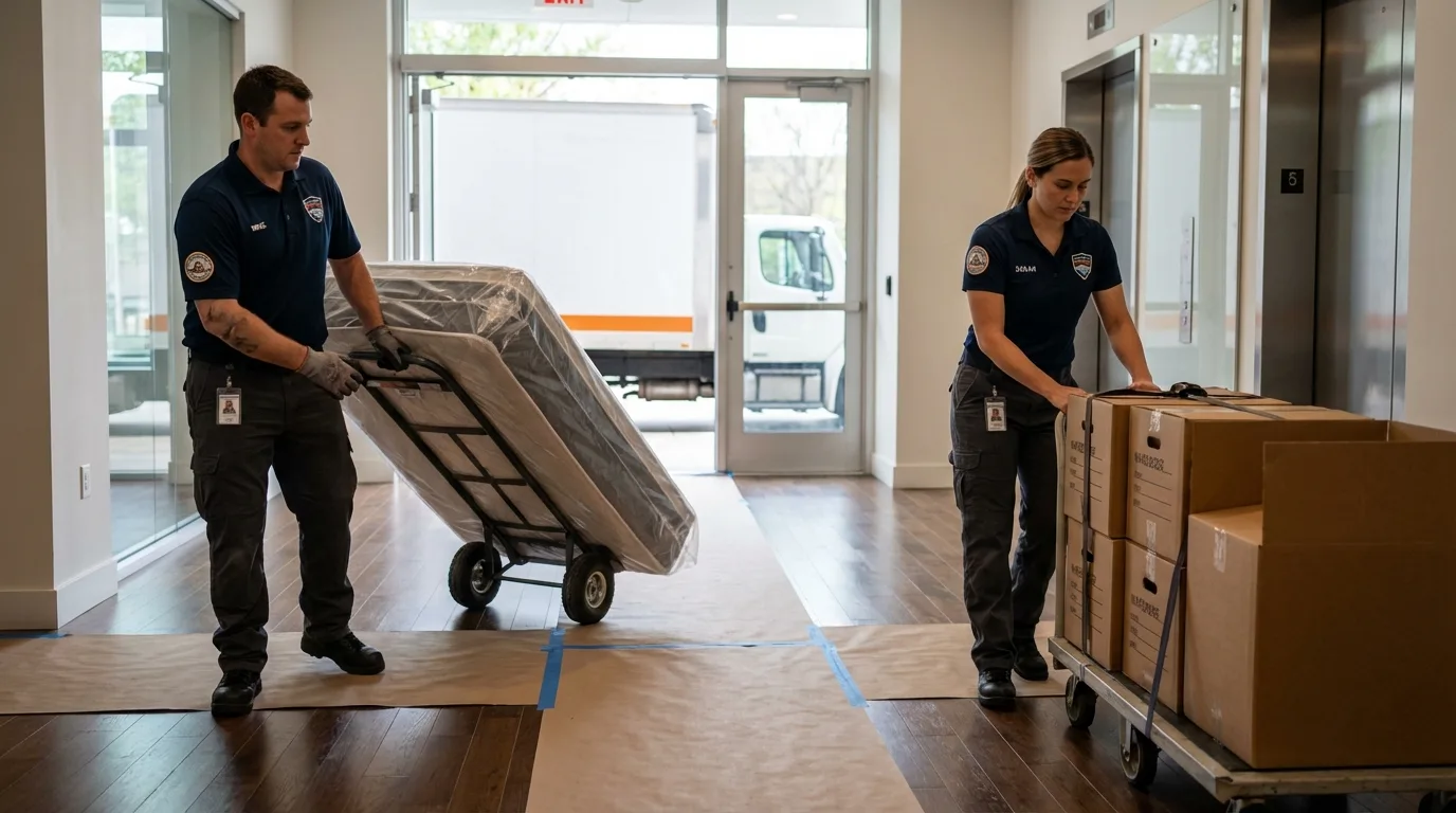 Professional apartment movers loading elevator in Luling, LA